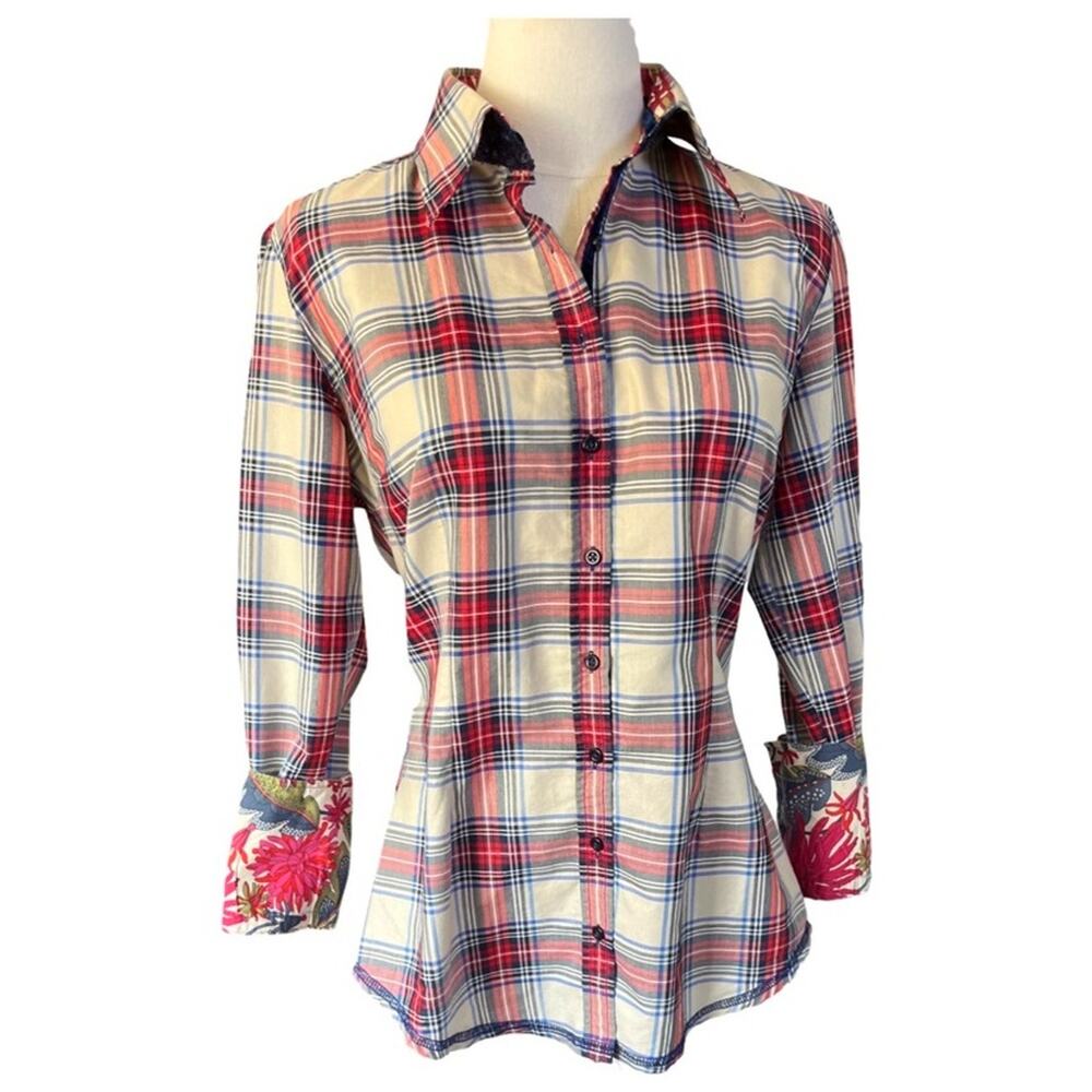 Georg Roth Red White Plaid Button Up Shirt Floral Contrast Cuffs Small Classic